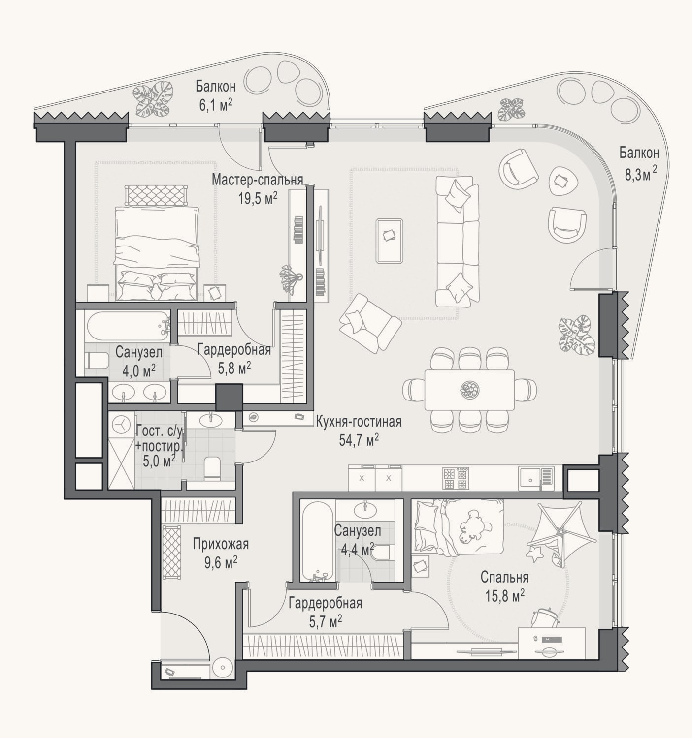 Планировка: 2-к, 123,7 м²
