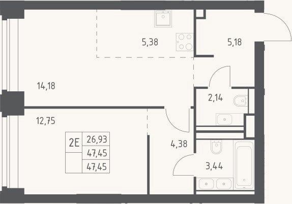 Планировка: 2-к, 47,5 м²