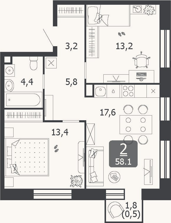 Планировка: 3-к, 57,6 м²