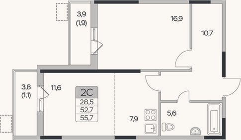 Планировка: 2-к, 52,7 м²