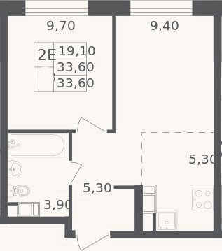 Планировка: 2-к, 33,6 м²