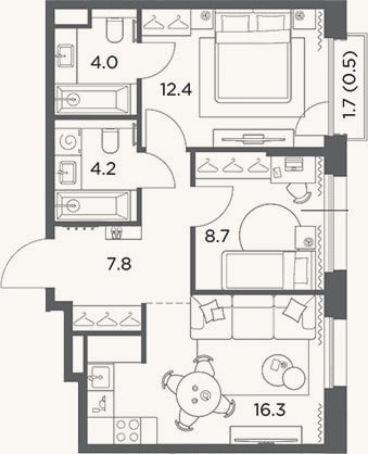 Планировка: 2-к, 53,4 м²