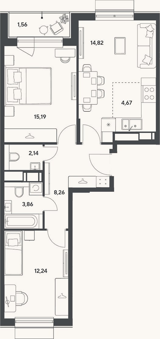 Планировка: 3-к, 61,2 м²