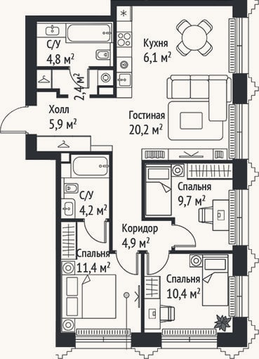 Планировка: 4+ к, 80 м²