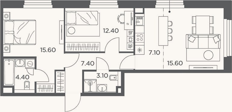 Планировка: 3-к, 65,6 м²