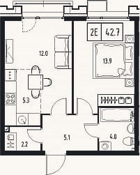 Планировка: 2-к, 42,5 м²