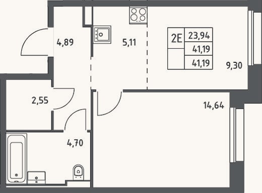 Планировка: 2-к, 41,2 м²