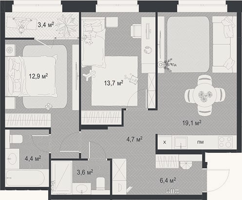 Планировка: 3-к, 64,8 м²
