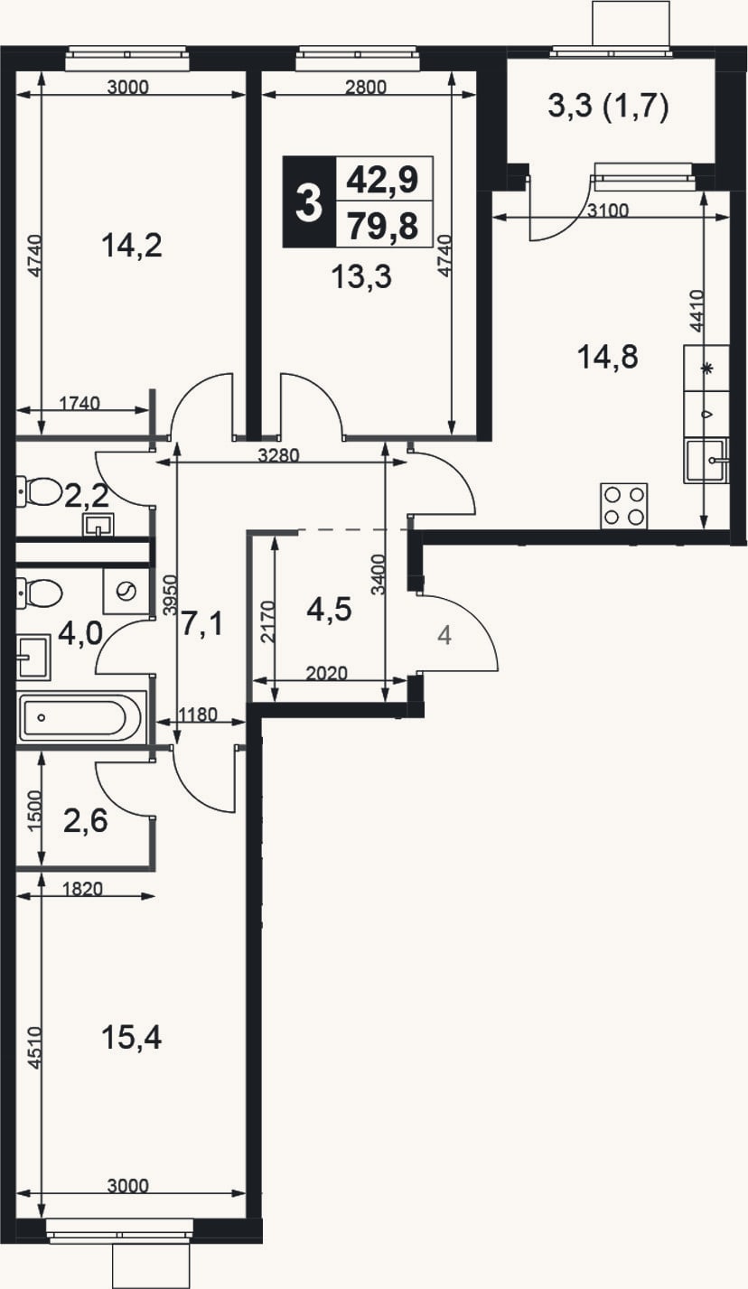 Планировка: 3-к, 78,1 м²