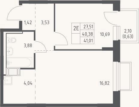 Планировка: 2-к, 40,4 м²