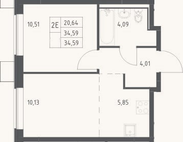 Планировка: 2-к, 34,6 м²