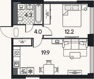 Планировка: 2-к, 40,4 м²