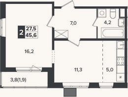 Планировка: 2-к, 43,7 м²