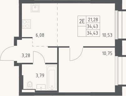 Планировка: 2-к, 34,4 м²