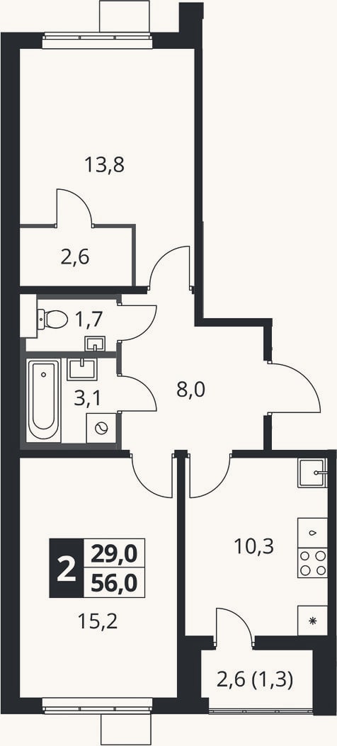 Планировка: 2-к, 55,7 м²