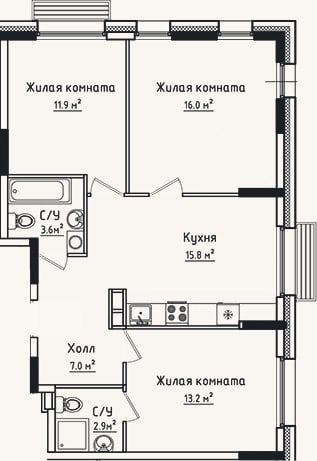 Планировка: 3-к, 70,4 м²