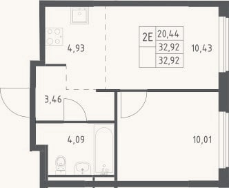 Планировка: 2-к, 32,9 м²