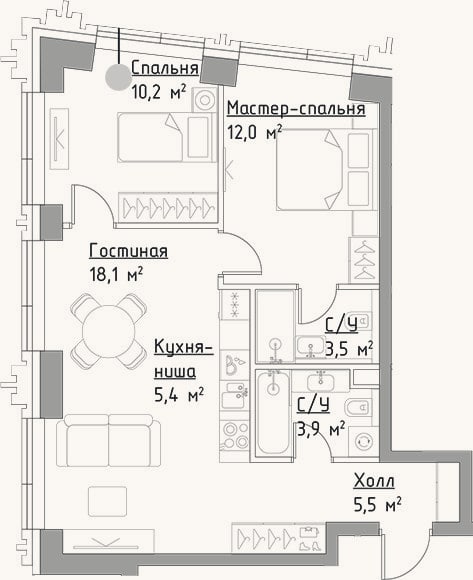 Планировка: 3-к, 58,6 м²
