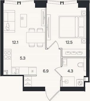 Планировка: 2-к, 41,1 м²