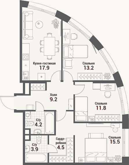 Планировка: 4+ к, 80,2 м²