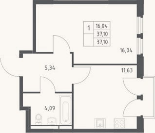 Планировка: 1-к, 37,1 м²