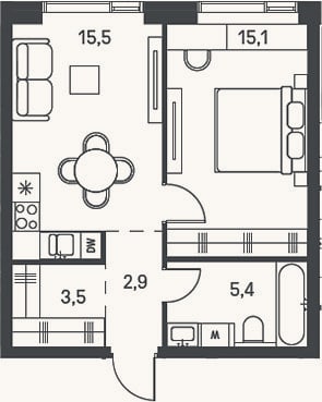 Планировка: 2-к, 42,4 м²