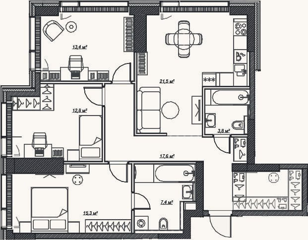 Планировка: 3-к, 93,8 м²