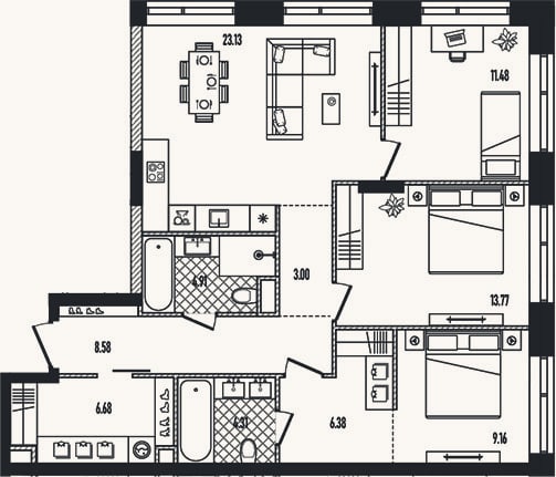 Планировка: 4+ к, 91,4 м²