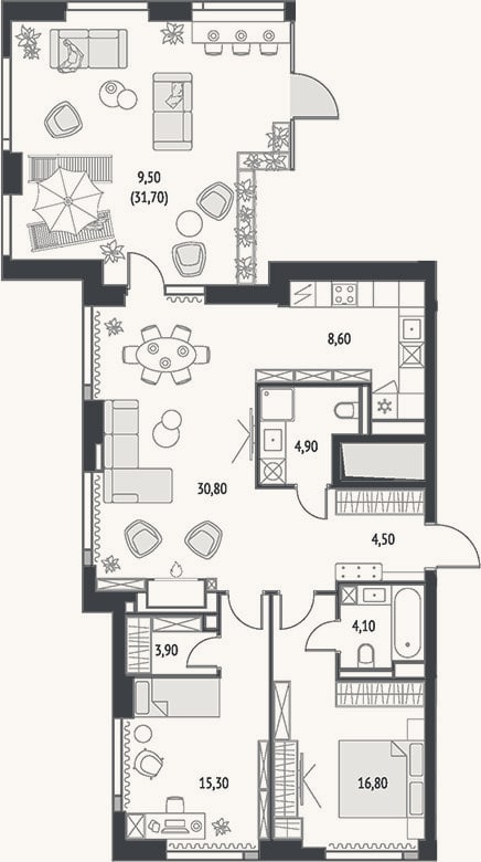 Планировка: 3-к, 81,9 м²