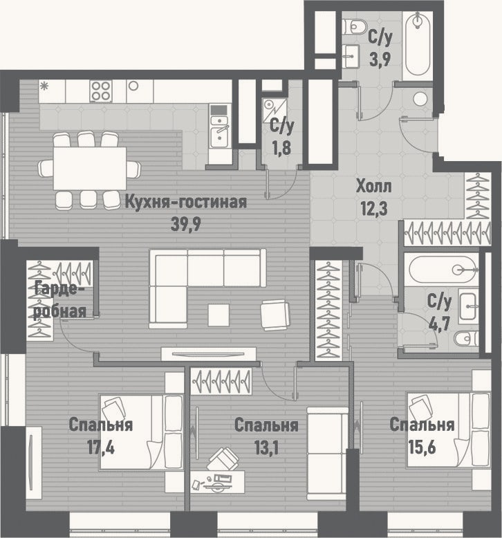 Планировка: 4+ к, 108,7 м²