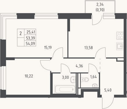 Планировка: 2-к, 53,4 м²