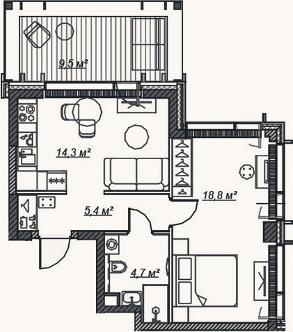 Планировка: 2-к, 43,3 м²