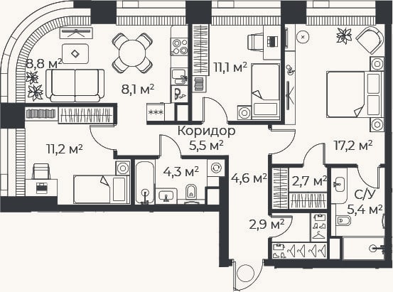 Планировка: 4+ к, 80,9 м²