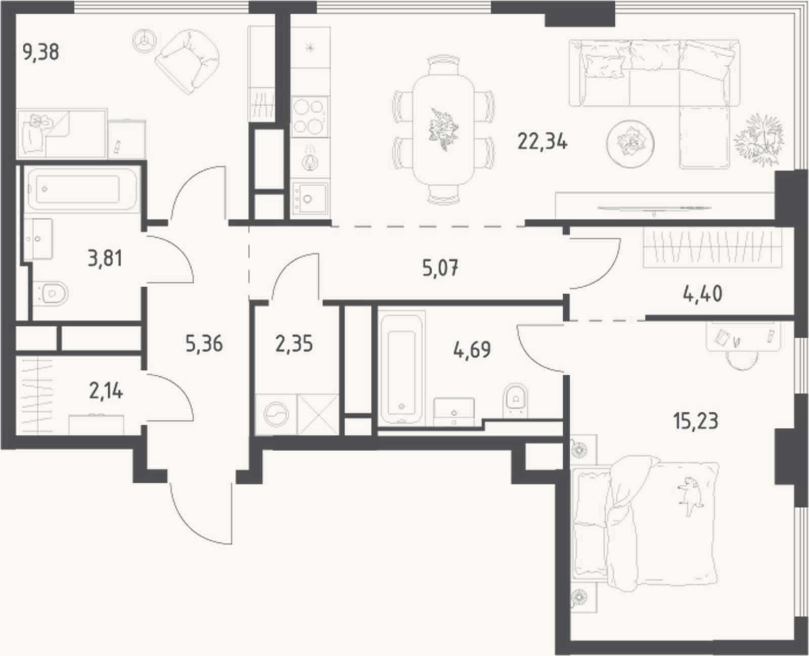 Планировка: 3-к, 74,8 м²