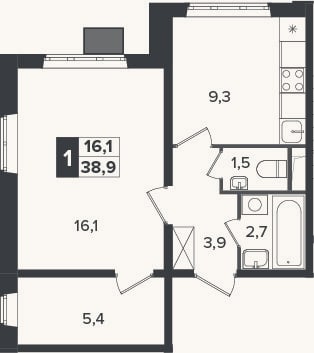 Планировка: 1-к, 38,9 м²