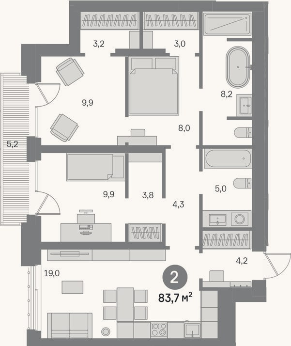Планировка: 2-к, 78,5 м²