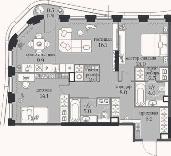Планировка: 2-к, 79,5 м²