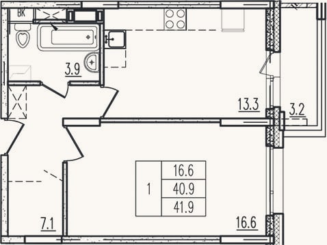 Планировка: 1-к, 40,8 м²