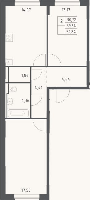 Планировка: 2-к, 59,8 м²