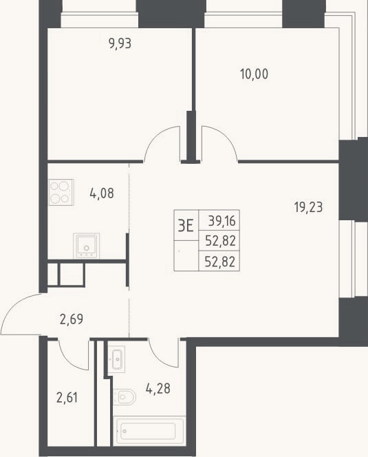 Планировка: 3-к, 52,8 м²