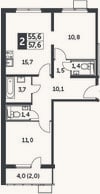 Планировка: 3-к, 55,6 м²