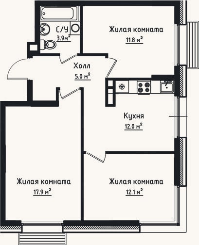 Планировка: 3-к, 62,7 м²
