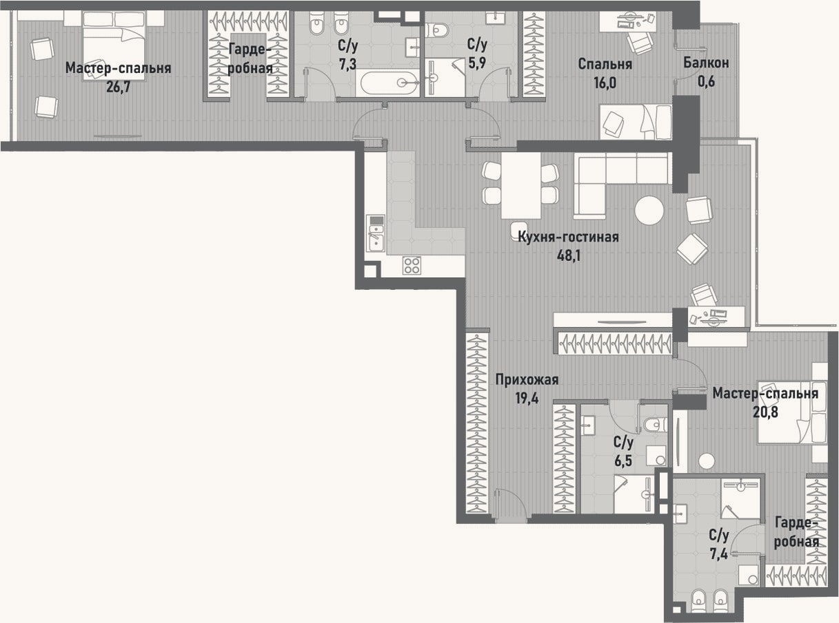 Планировка: 4+ к, 158,6 м²