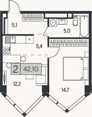 Планировка: 2-к, 42,1 м²