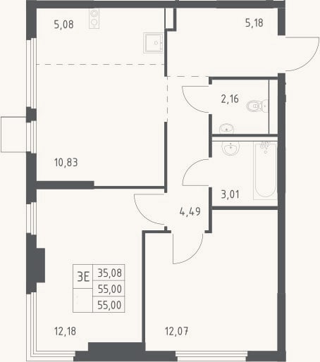 Планировка: 3-к, 55 м²
