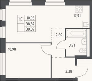 Планировка: 2-к, 38,9 м²