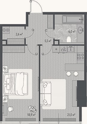 Планировка: 2-к, 54 м²