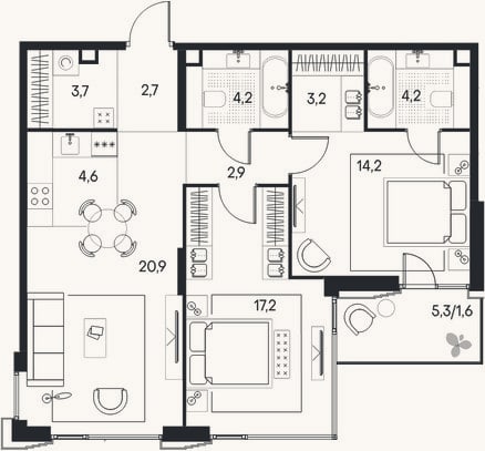 Планировка: 3-к, 77,8 м²
