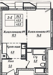 Планировка: 2-к, 43,5 м²