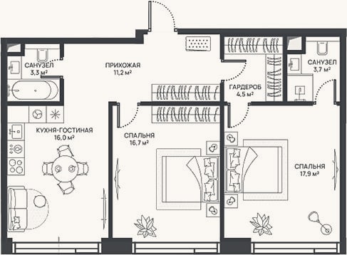 Планировка: 3-к, 73,3 м²